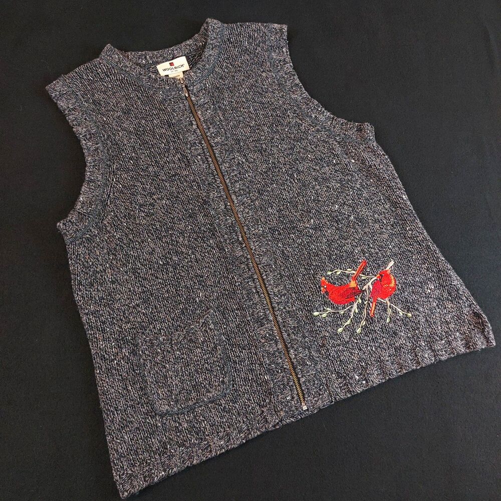 Woolrich Full Zip Sweater Vest Women's XL Black Heather Cardinal Embroidered